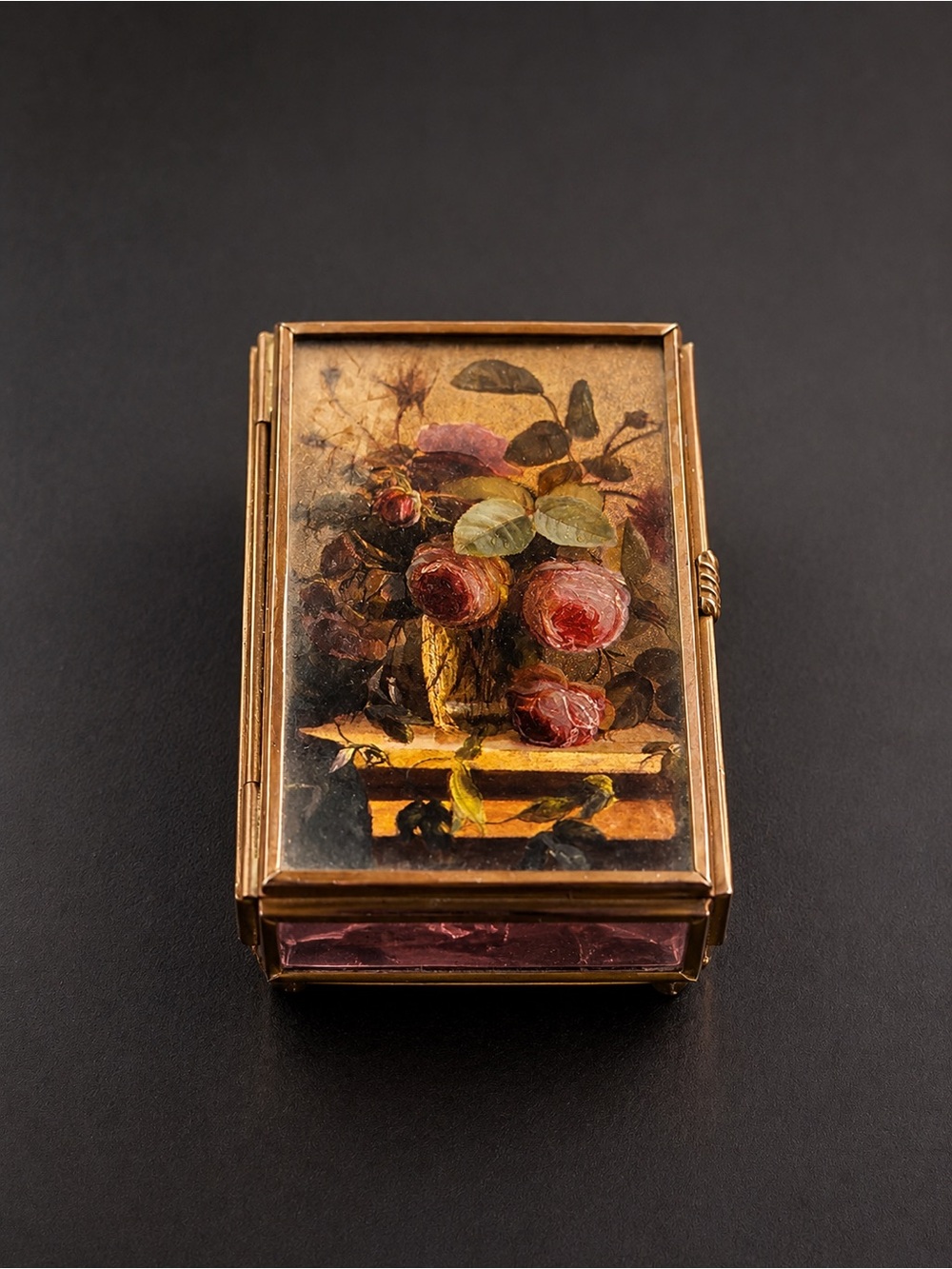 Antique Gold Floral Pill Box with Pink Rose Motif